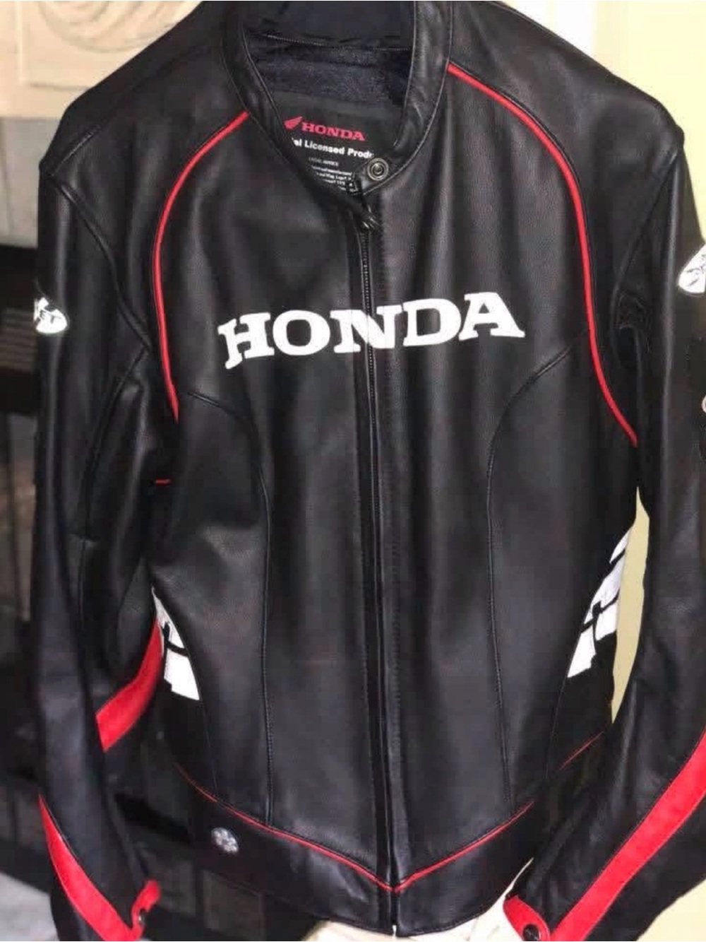 Honda Women's Black Leather Motorcycle Jacket with Red Trim